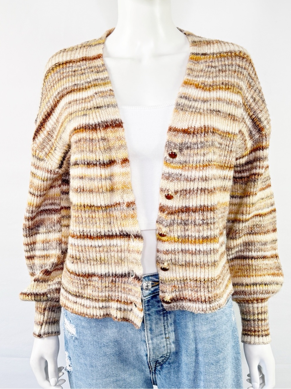 Heartloom Brown Striped Button Down Cardigan Size S Chunky Knit Cozy Sweater